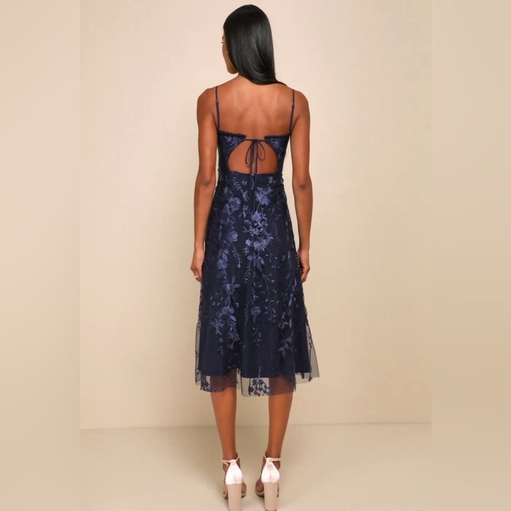Charmingly Sophisticated Navy Blue Tulle Embroidered Midi Dress - Picture 5 of 16